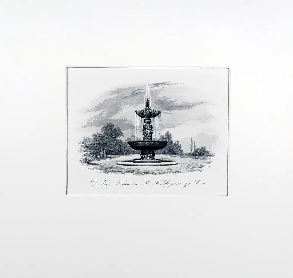 Praha – Zpívající fontána, J. Poppel, L. Lange, pův. oceloryt, 1841
