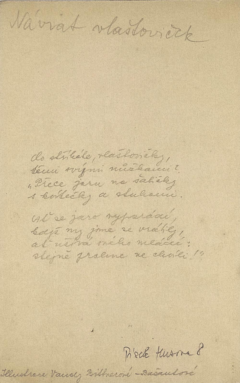 Bittnerová Bažantová Vanda – Návrat vlaštoviček, kolorovaná kresba tuší, ca 1940