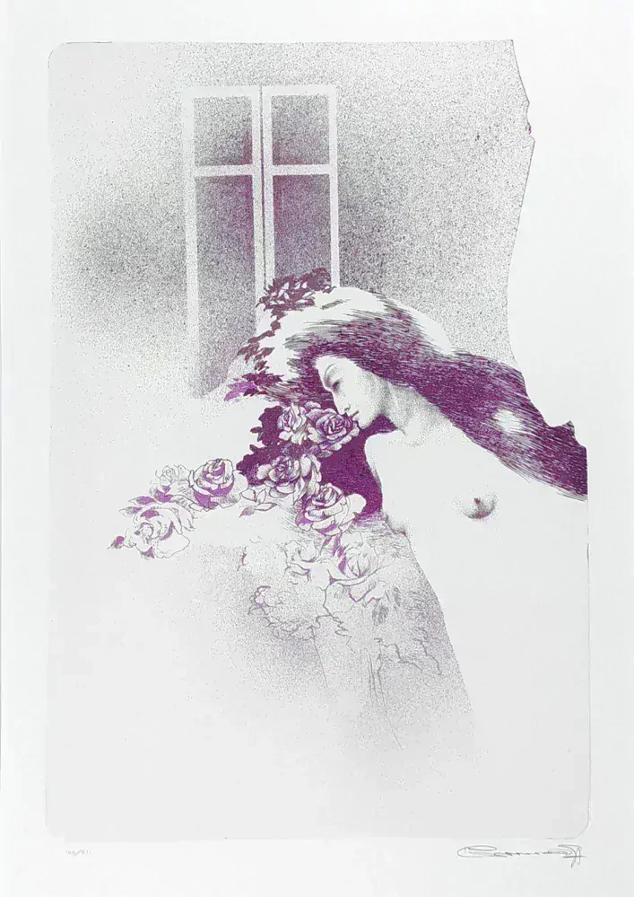 Kristofori Jan – Žena a růže, velkoformátová barevná litografie, 1997