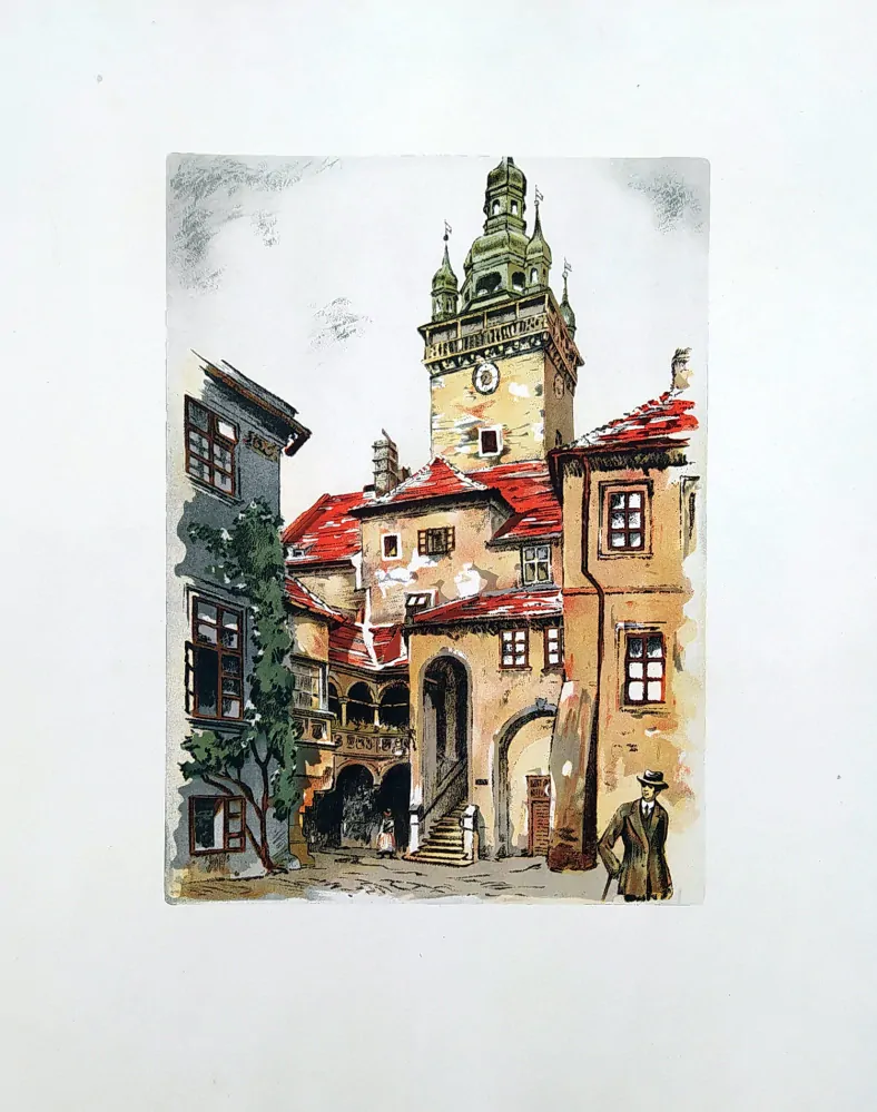 Röhling Vladislav – Brno, Stará radnice s věží z radničního dvora, barevný lept, ca 1920