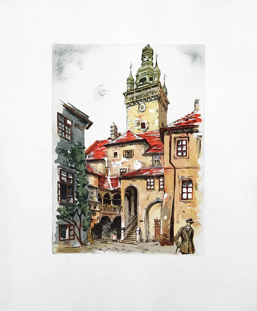 Röhling Vladislav – Brno, Stará radnice s věží z radničního dvora, barevná litografie, ca 1920