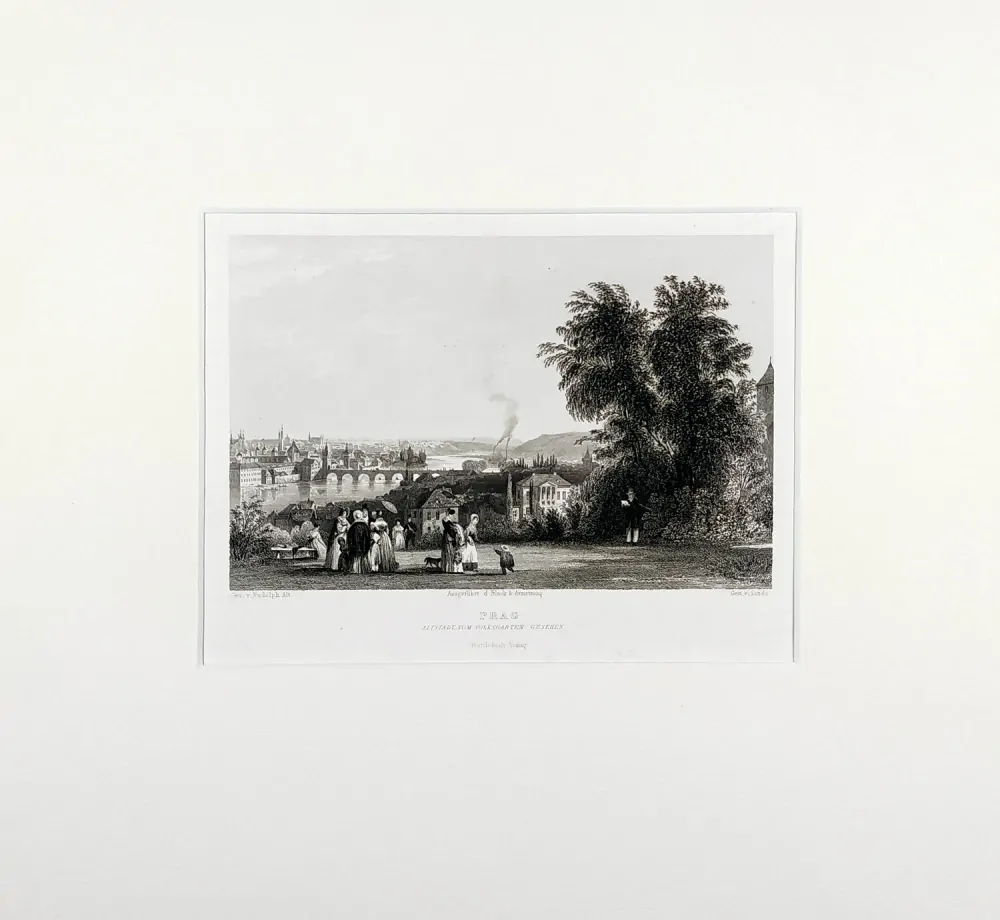 Praha – Staré a Nové Město ze Smíchova, R. Alt, Sands, původní oceloryt, ca 1835