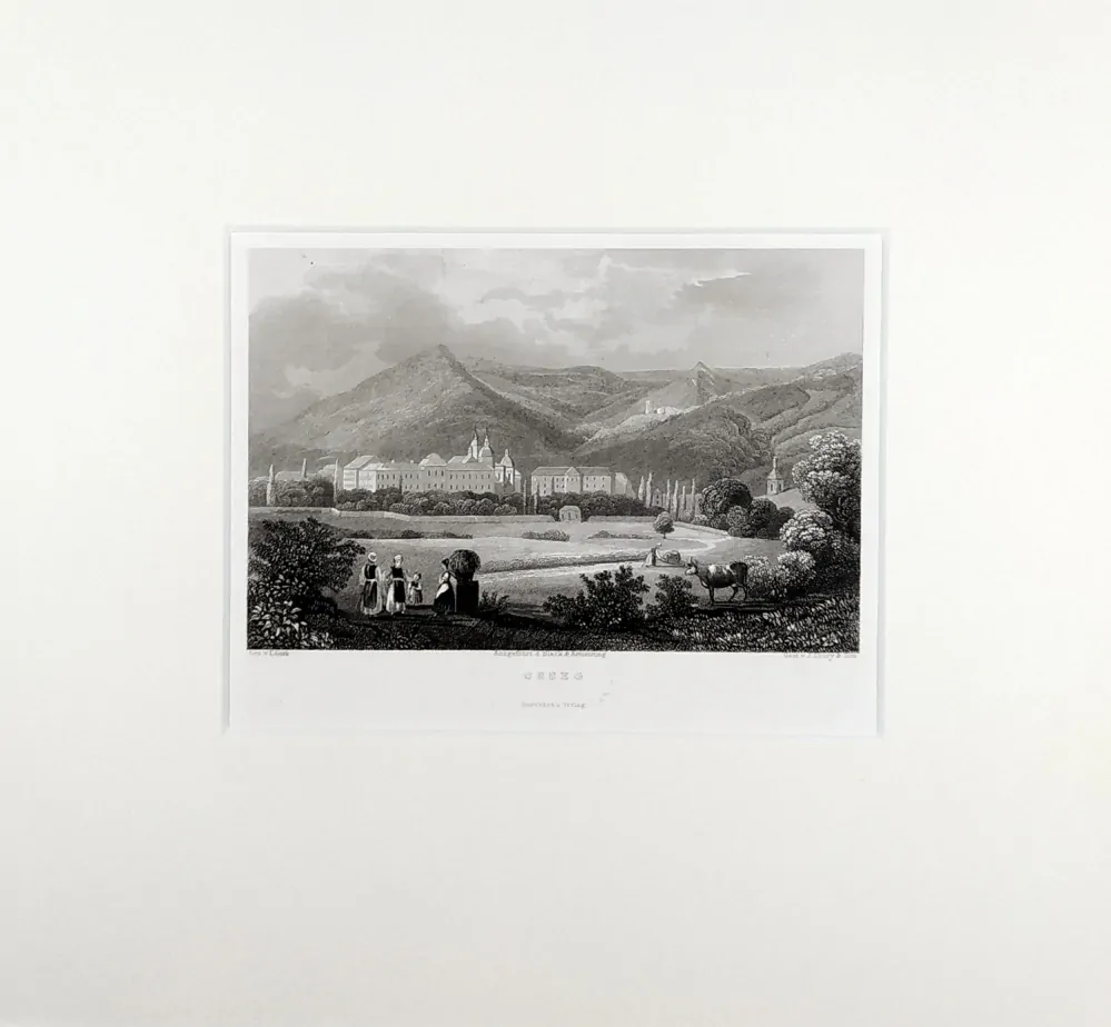 Osek – pohled na město, E. Gurk, J. Shury, původní oceloryt, ca 1835