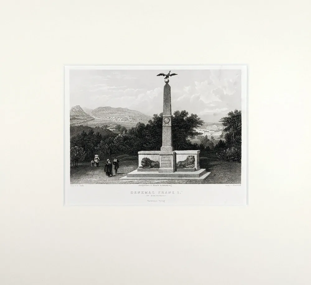 Kynžvart – Památník Františka I., E. Gurk, J. J. Hinchliff, původní oceloryt, ca 1835