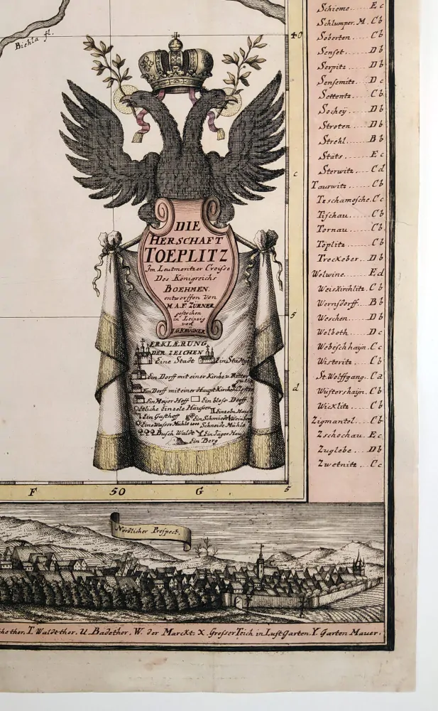 Teplice a okolí – I. G. Krügner, A. F. Zürner, staře kolorovaný původní mědiryt, před 1742