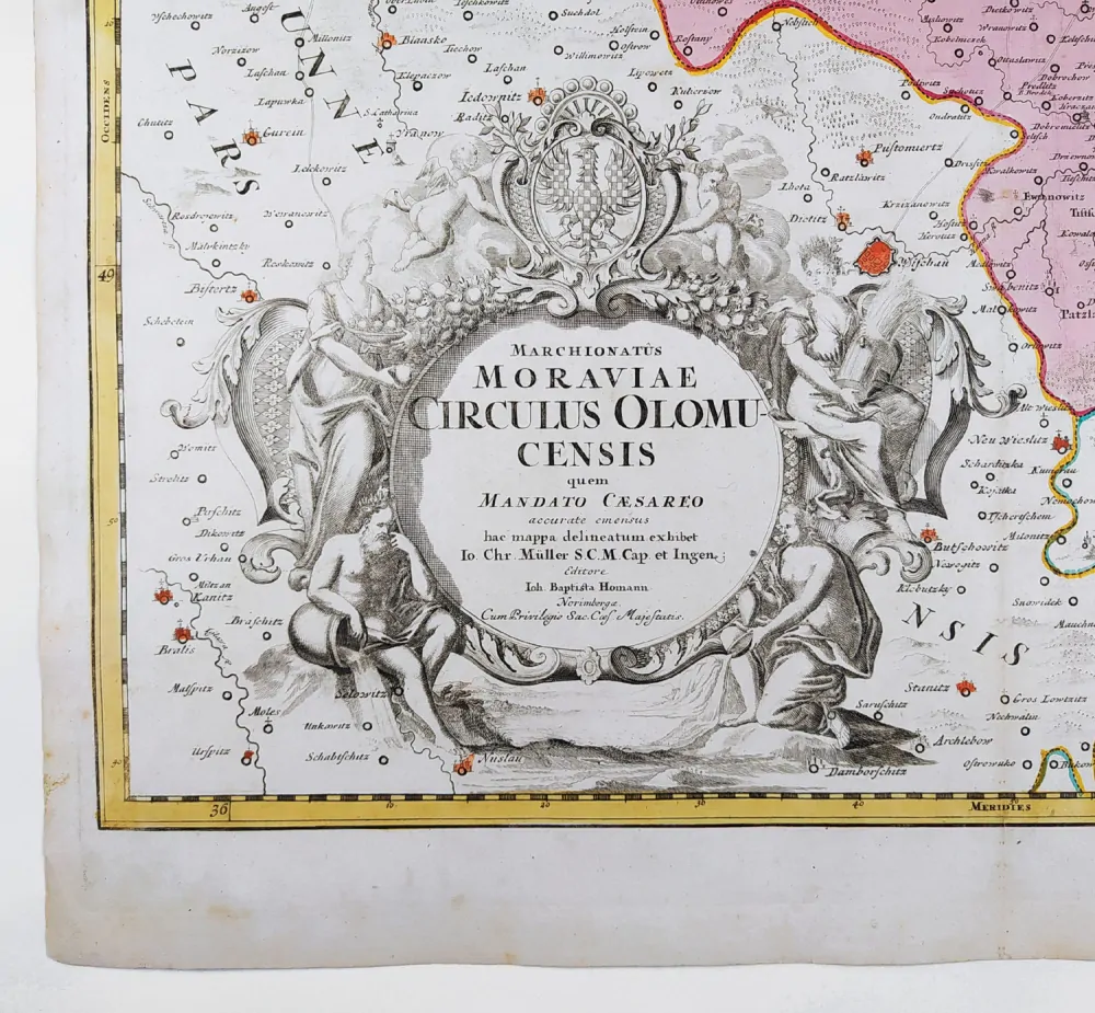 Olomoucký kraj – Johann Baptist Homann, staře kolorovaný původní mědiryt, 1720