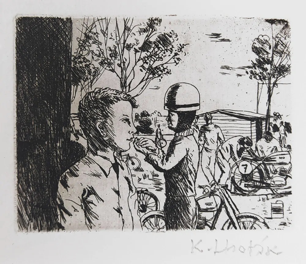 Lhoták Kamil – Ze života závodníků, lept, (1950), Pamětní list SČB 1985