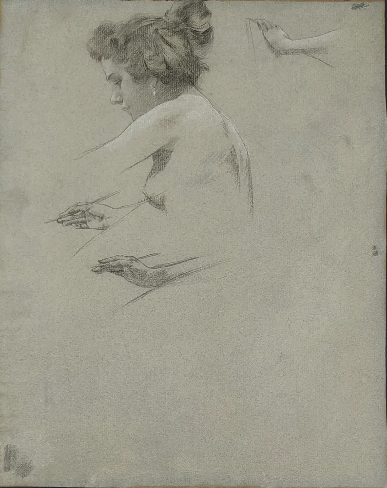 Špillar Karel – Múza, studie k obrazu, kresba tužkou a bílou křídou, ca 1900