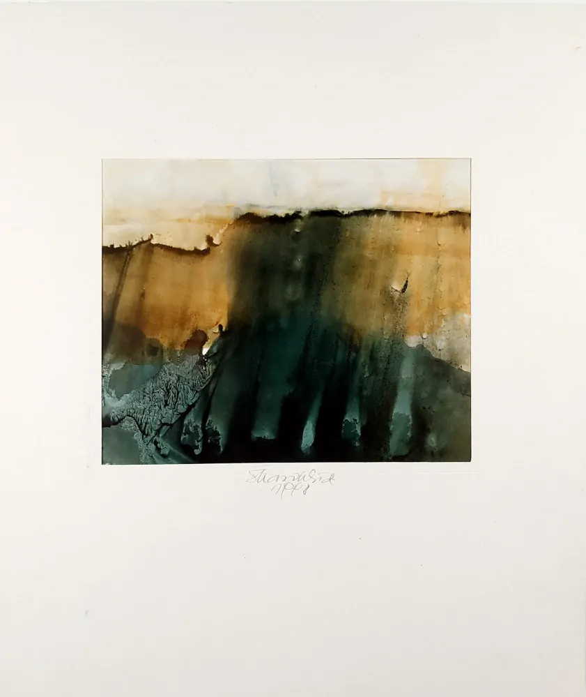 Škarohlíd Jaroslav – Mystická krajina, lavírovaná olejomalba na papíře, 1998