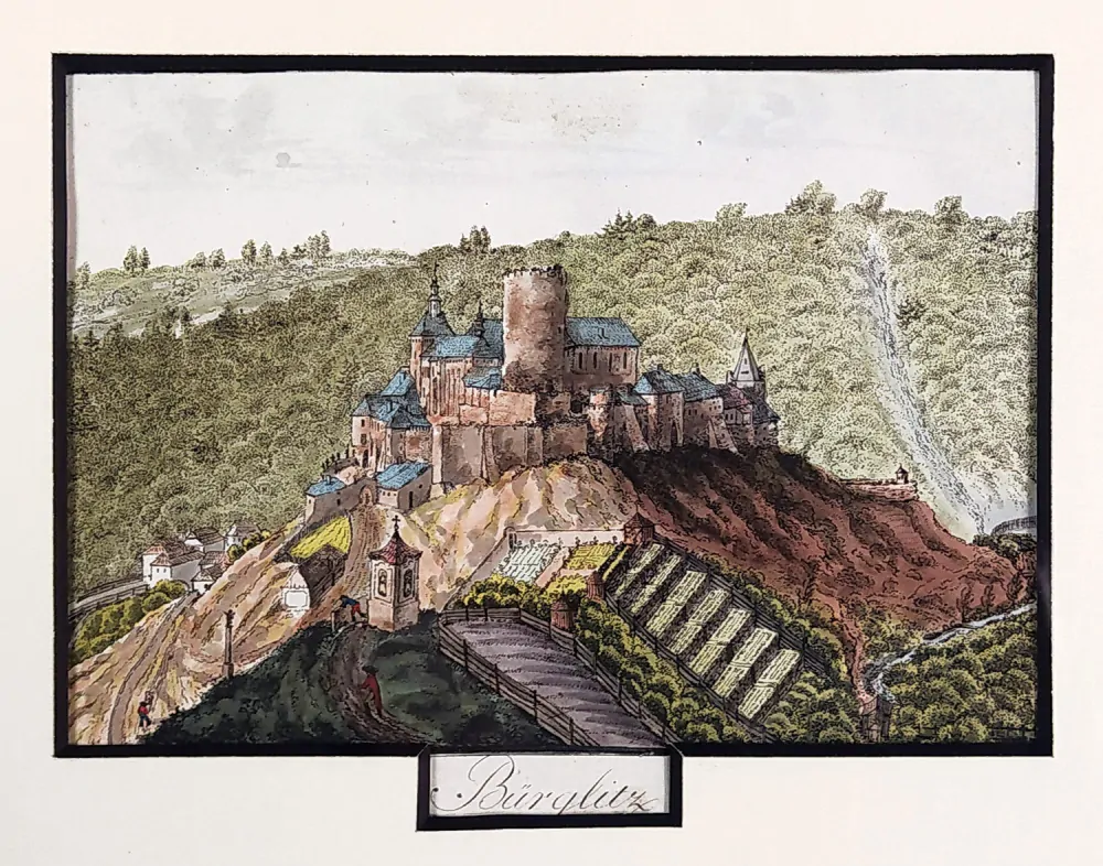 Křivoklát – A. Pucherna, A. G. Meissner, kolorovaný obrysový lept, 1798