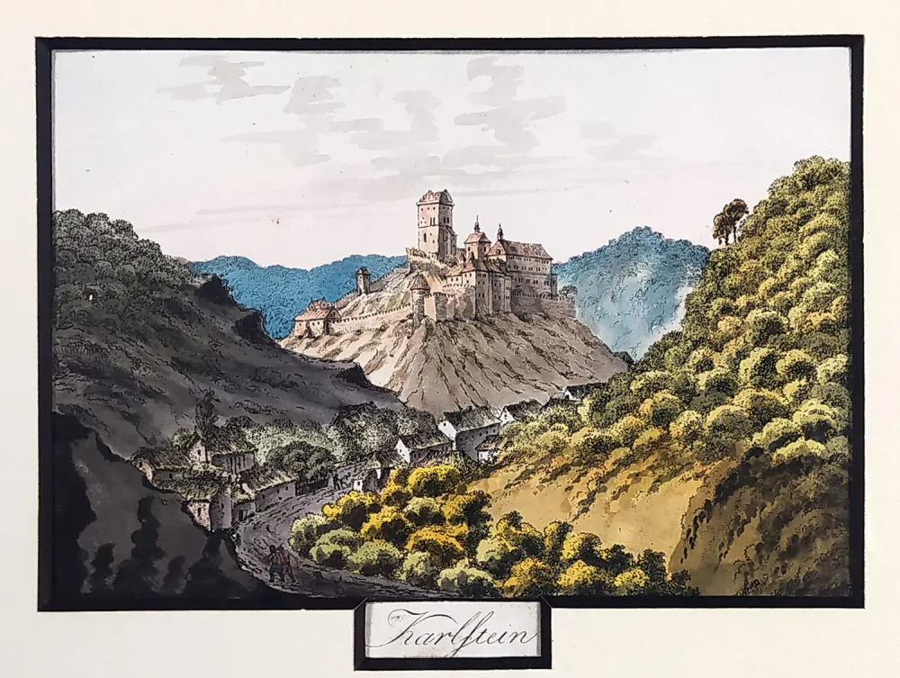 Karlštejn – A. Pucherna, A. G. Meissner, kolorovaný obrysový lept, 1798