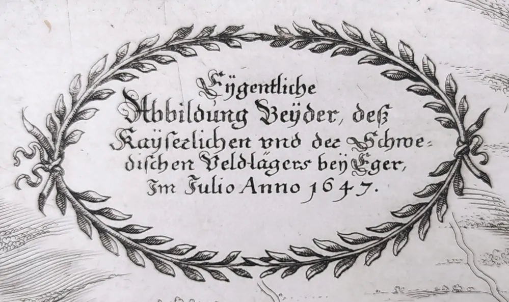 Cheb – rozmístění císařských a švédských vojsk, M. Merian, původní mědiryt, 1650