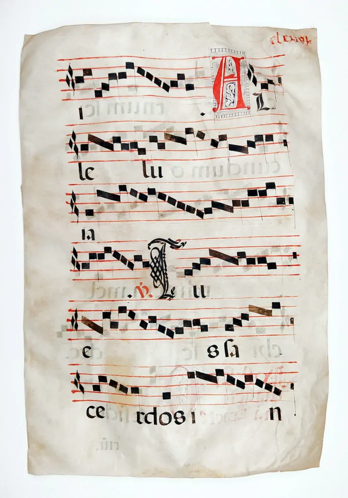 Antifonář – Notový záznam z liturgické knihy, oboustranná malba na pergamenu, kolem 1500