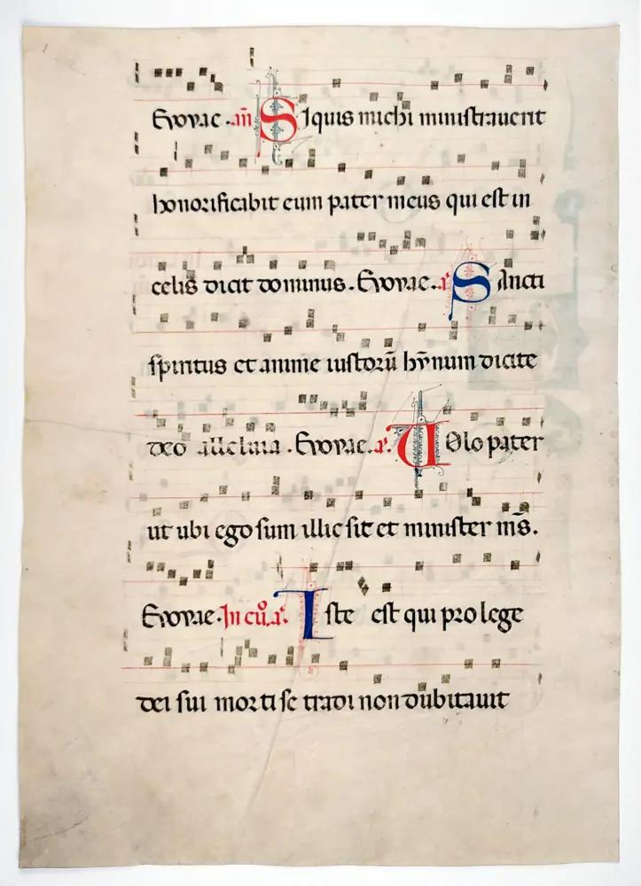 Antifonář – Notový záznam z liturgické knihy, oboustranná malba na pergamenu, po 1300