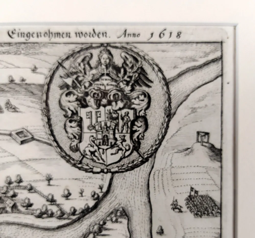 Plzeň – celkový pohled na město, M. Merian, původní mědiryt, 1650