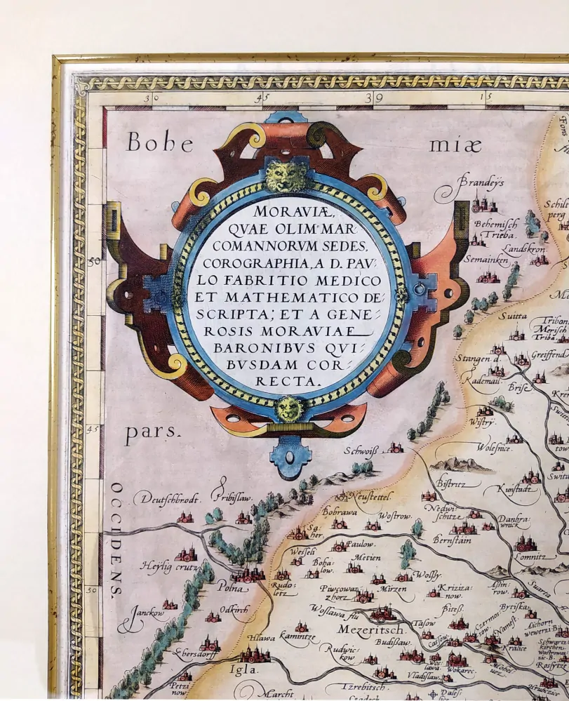 Morava – Fabritiova mapa, Ortelius Abraham, staře kolorovaný původní mědiryt, 1572