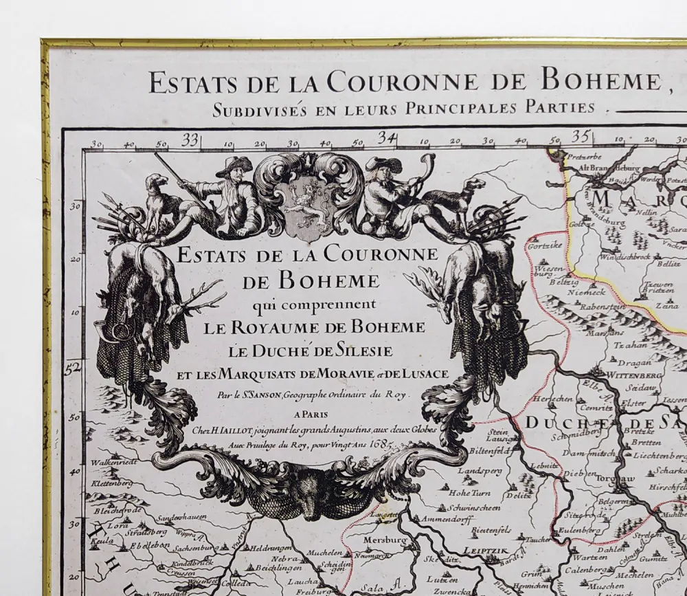 Čechy, Morava, Slezsko a Lužice – N. Sanson, staře kolorovaný původní mědiryt, 1685