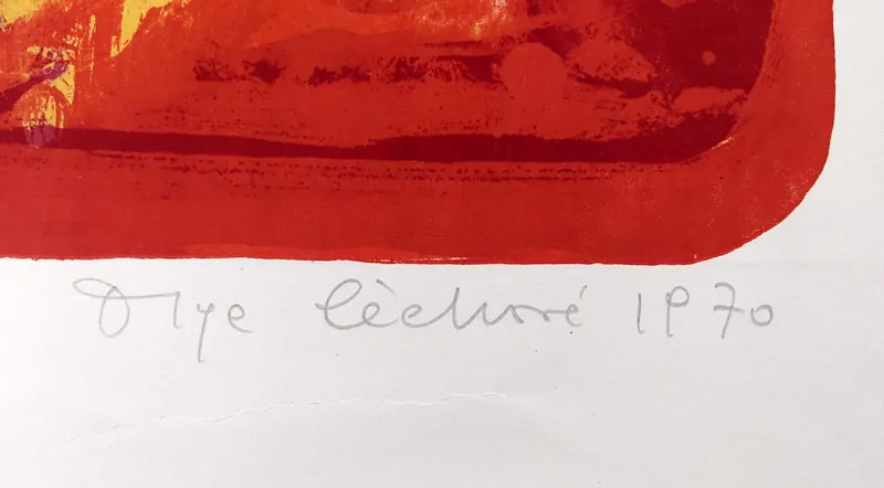 Čechová Olga – Postava s lupenem, rozměrná barevná litografie, 1970