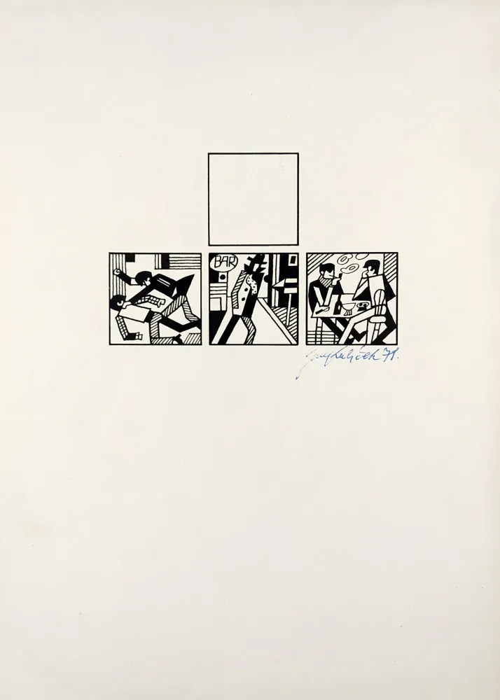 Kubíček Jiří – Hospodská legenda na čtyři doby, kresba tuší, 1971