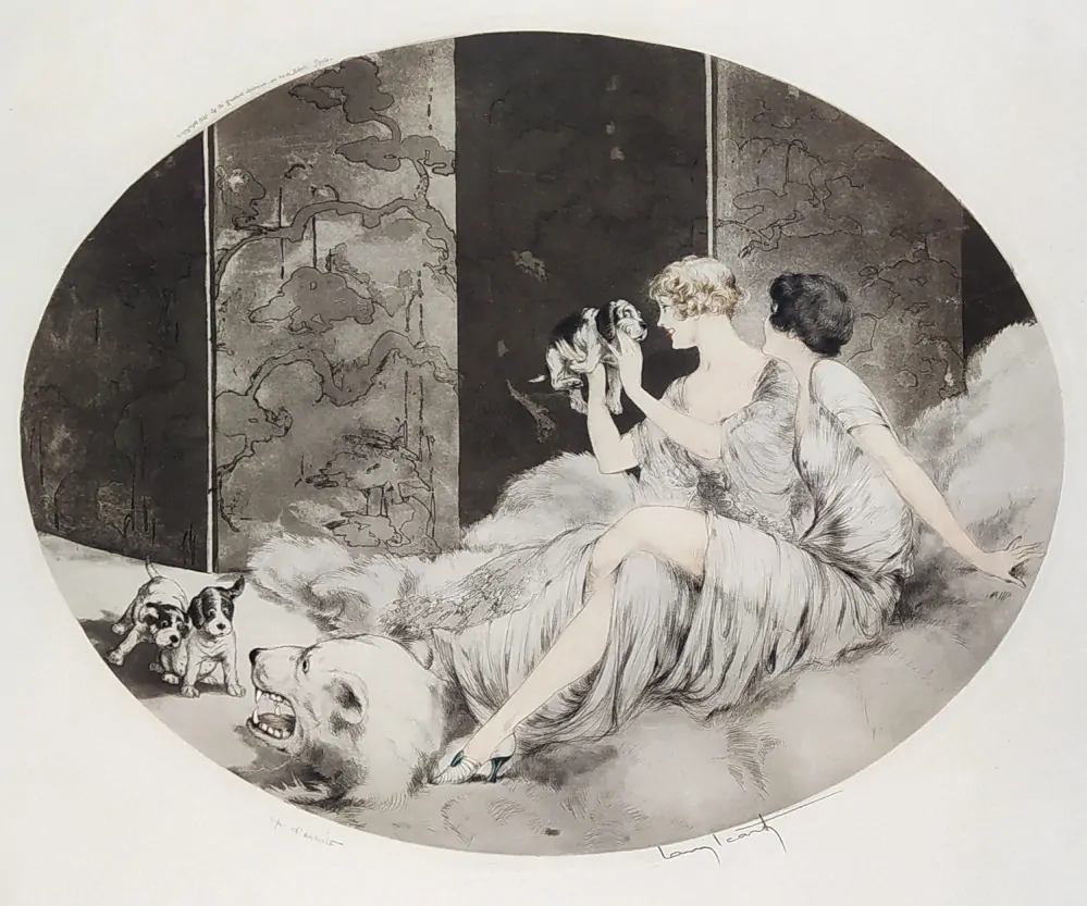 Icart Louis J. L. – Petits Chiens (Puppies), kolorovaný lept a akvatinta, 1925