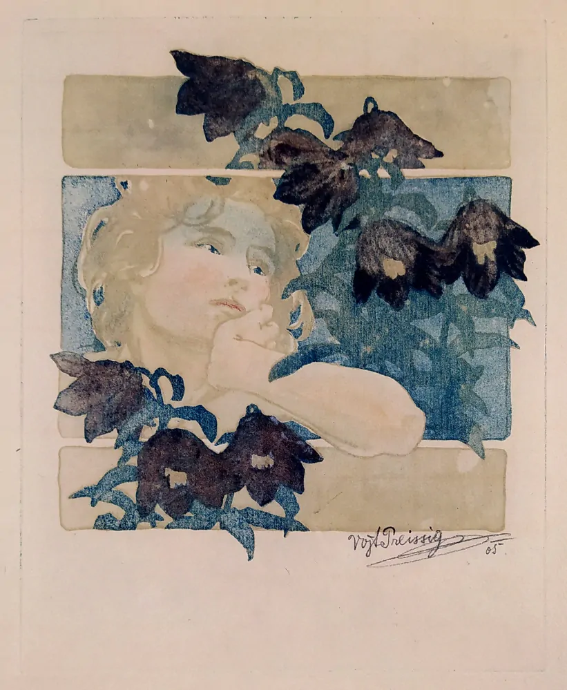 Preissig Vojtěch – Dívka s květy, barevná akvatinta, 1905