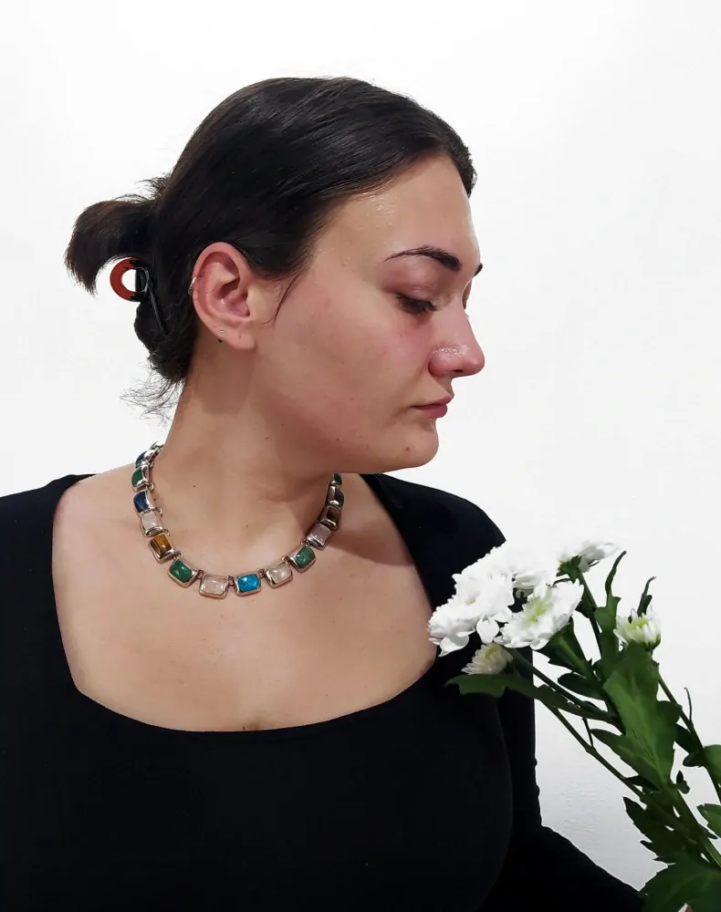 Stříbrný článkový náhrdelník s tygřím okem a drahými kameny – Taxco, Mexico