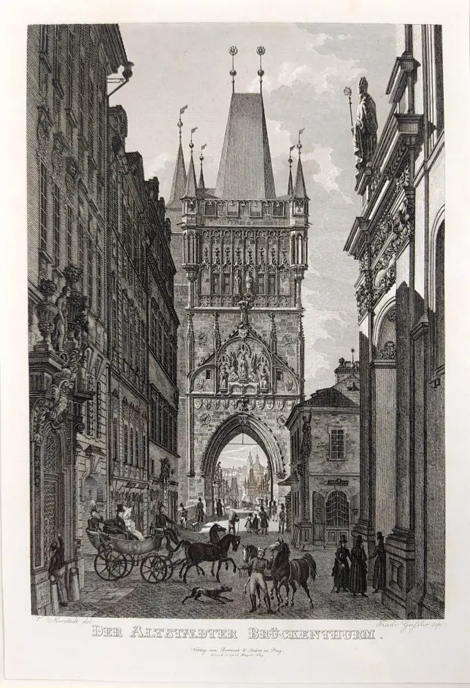Praha – Staroměstská mostecká věž z Karlovy ulice, Vincenc Morstadt, F. Geissler, oceloryt, 1835