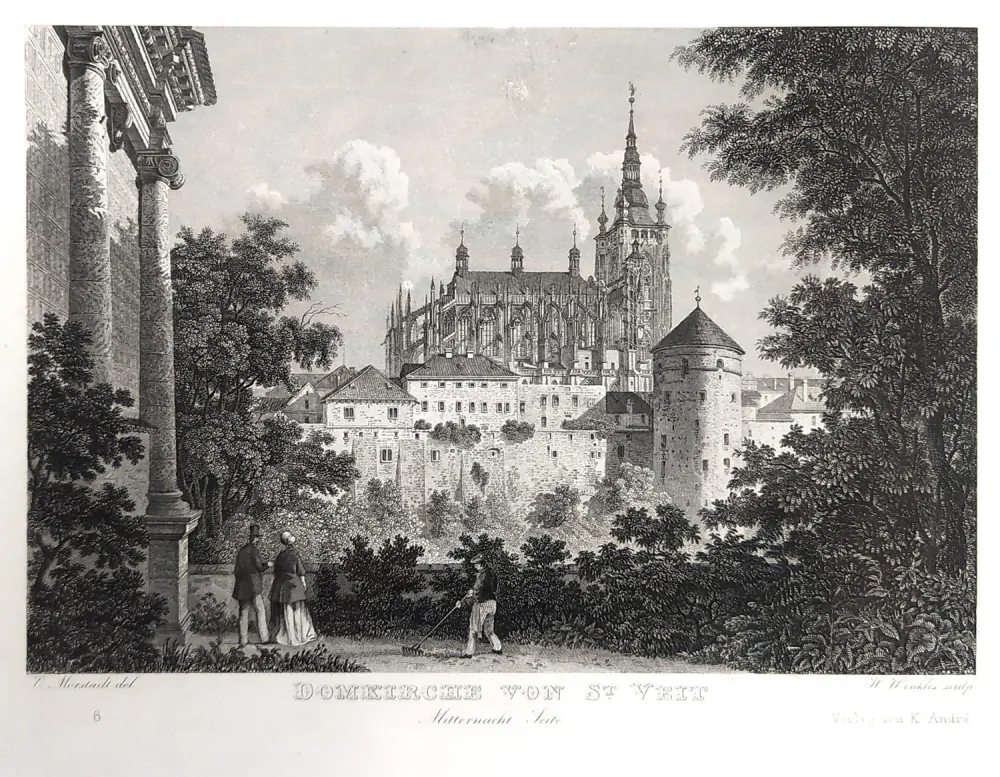 Praha – Chrám sv. Víta od Míčovny, Vincenc Morstadt, předleptaný oceloryt, 1835