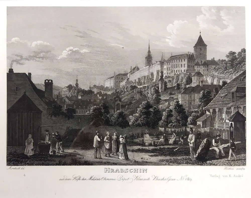 Praha – Hradčany s Klárova, Vincenc Morstadt, H. Winkles, předleptaný oceloryt, 1835