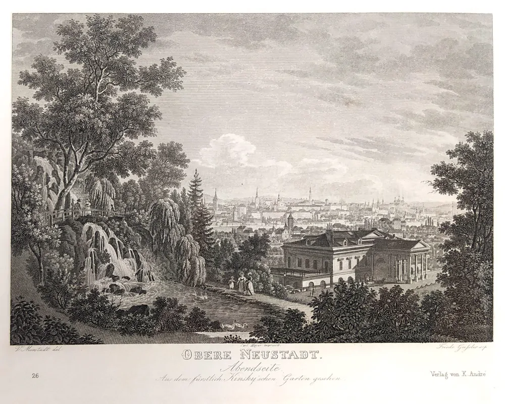 Praha – Horní Nové Město ze zahrady Kinských, Vincenc Morstadt, Fr. Geissler, předleptaný oceloryt, 1835