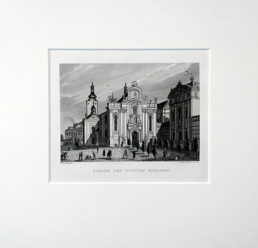 Praha – Kostel Nanebevzetí Panny Marie na Strahově, W. Kandler, původní oceloryt, 1836
