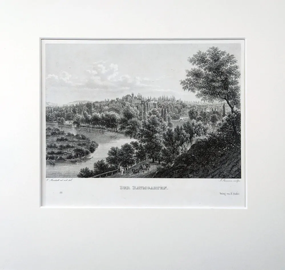 Praha – Stromovka, Vincenc Morstadt, J. Axmann, předleptaný oceloryt, 1835