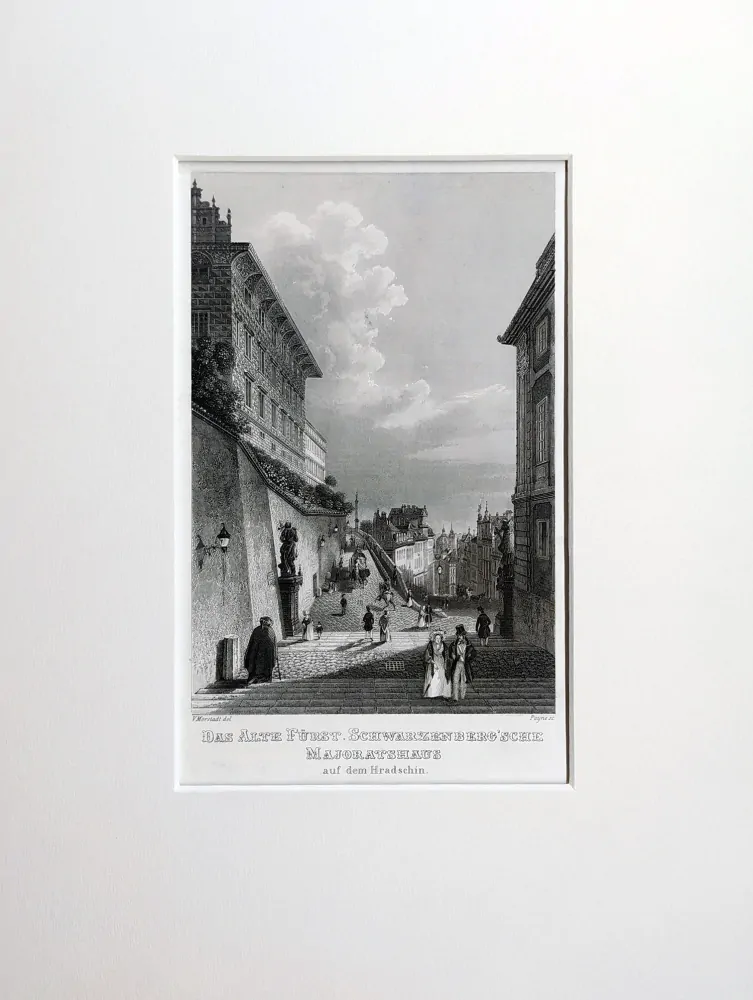 Praha – Schwarzenberský palác, Vincenc Morstadt, původní předleptaný oceloryt, 1835