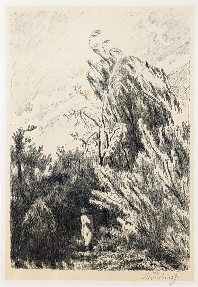 Švabinský Max – Chodovská zahrada s kráčejícím aktem, signovaná litografie, 1960