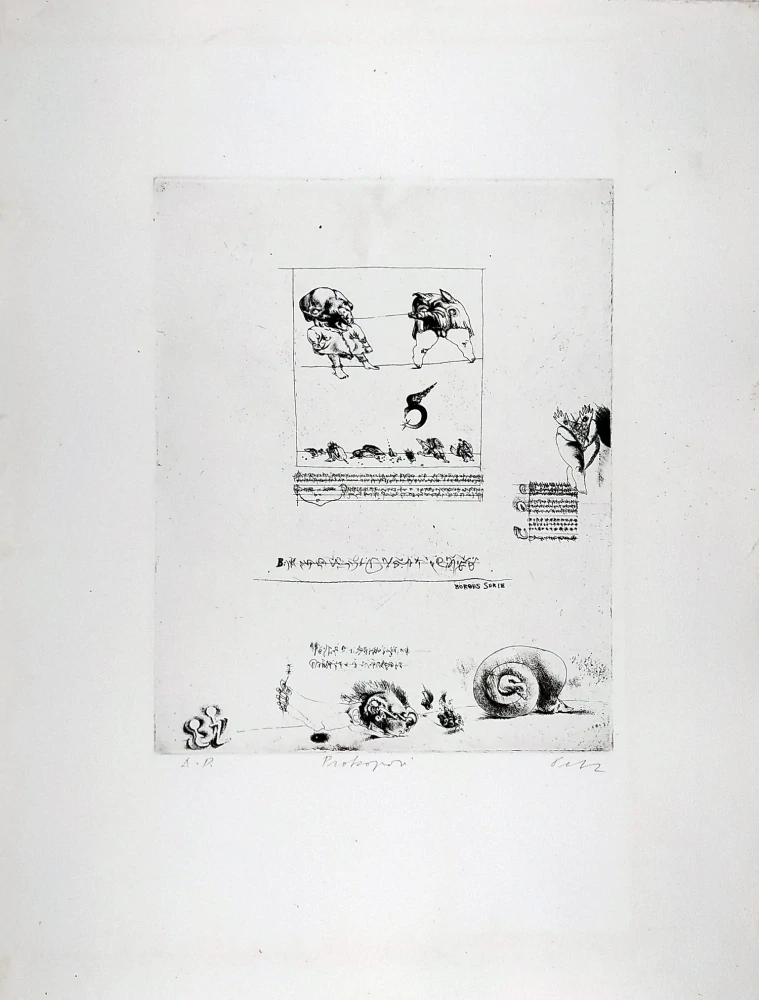 Herel Petr – Borges serie, zrnkový lept, autorský tisk, ca 1968