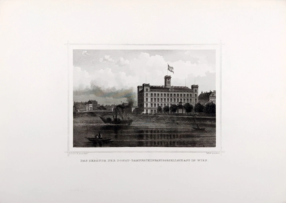 Vídeň – Dunajská paroplavební společnost, J. M. Kolb, původní oceloryt, ca 1840