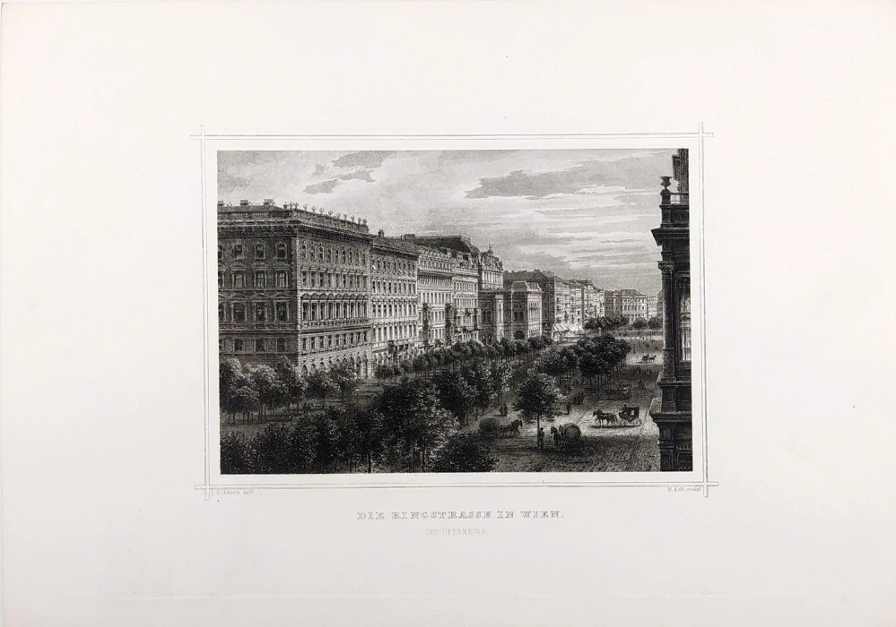 Vídeň – Ringstrasse, J. M. Kolb, původní oceloryt, ca 1840