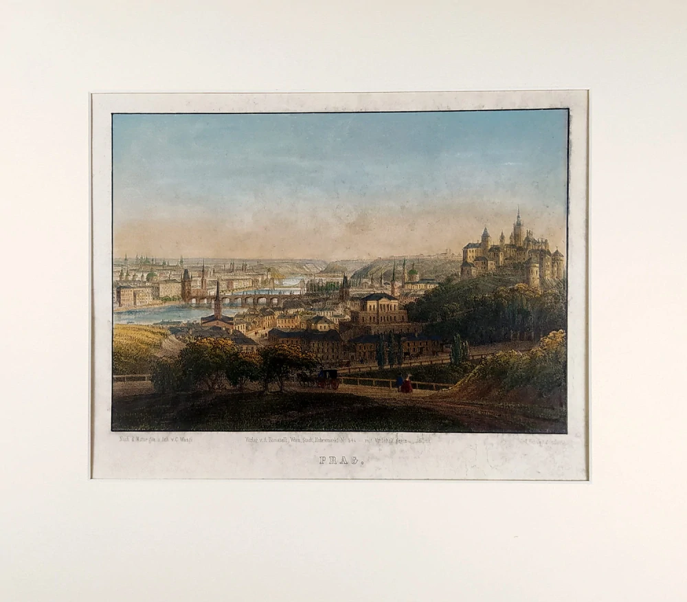 Praha – pohled na město, C. Waagen, staře kolorovaná původní litografie, ca 1860