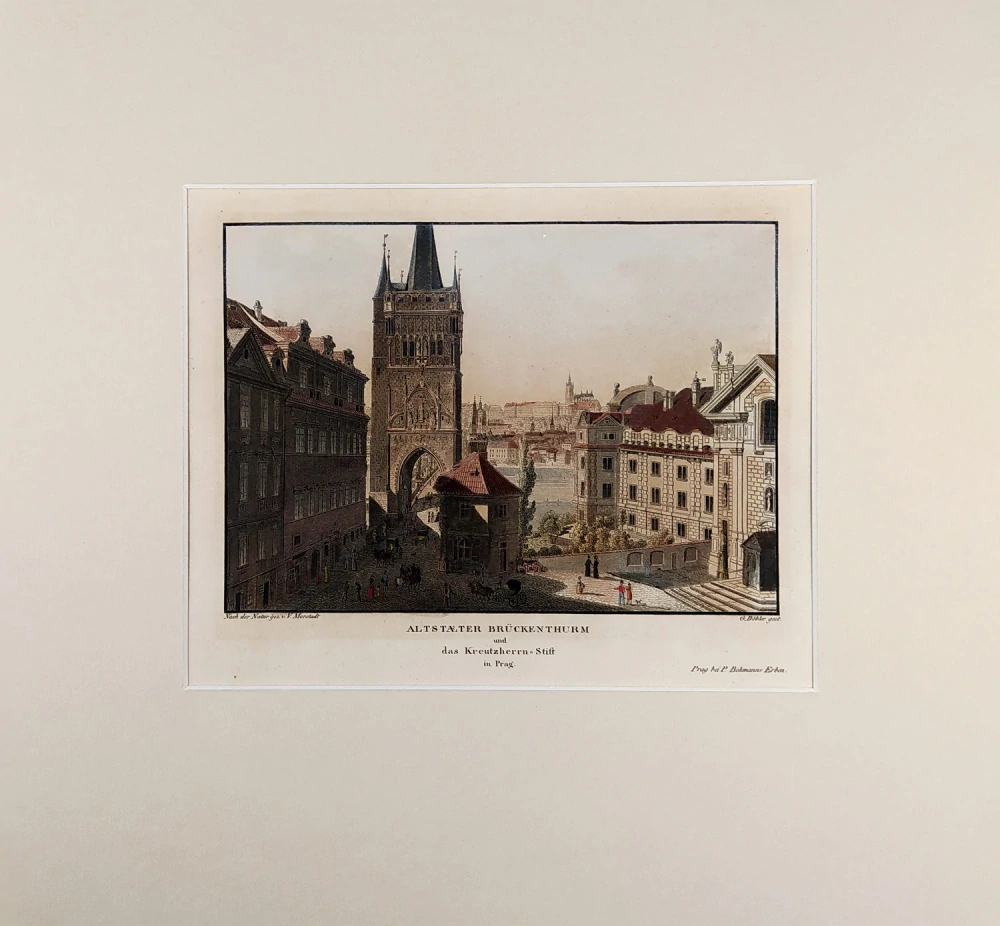 Praha – Staroměstská mostecká věž, V. Morstadt, G. Döbler, staře kolor. obrysový lept s akvatintou, 1825