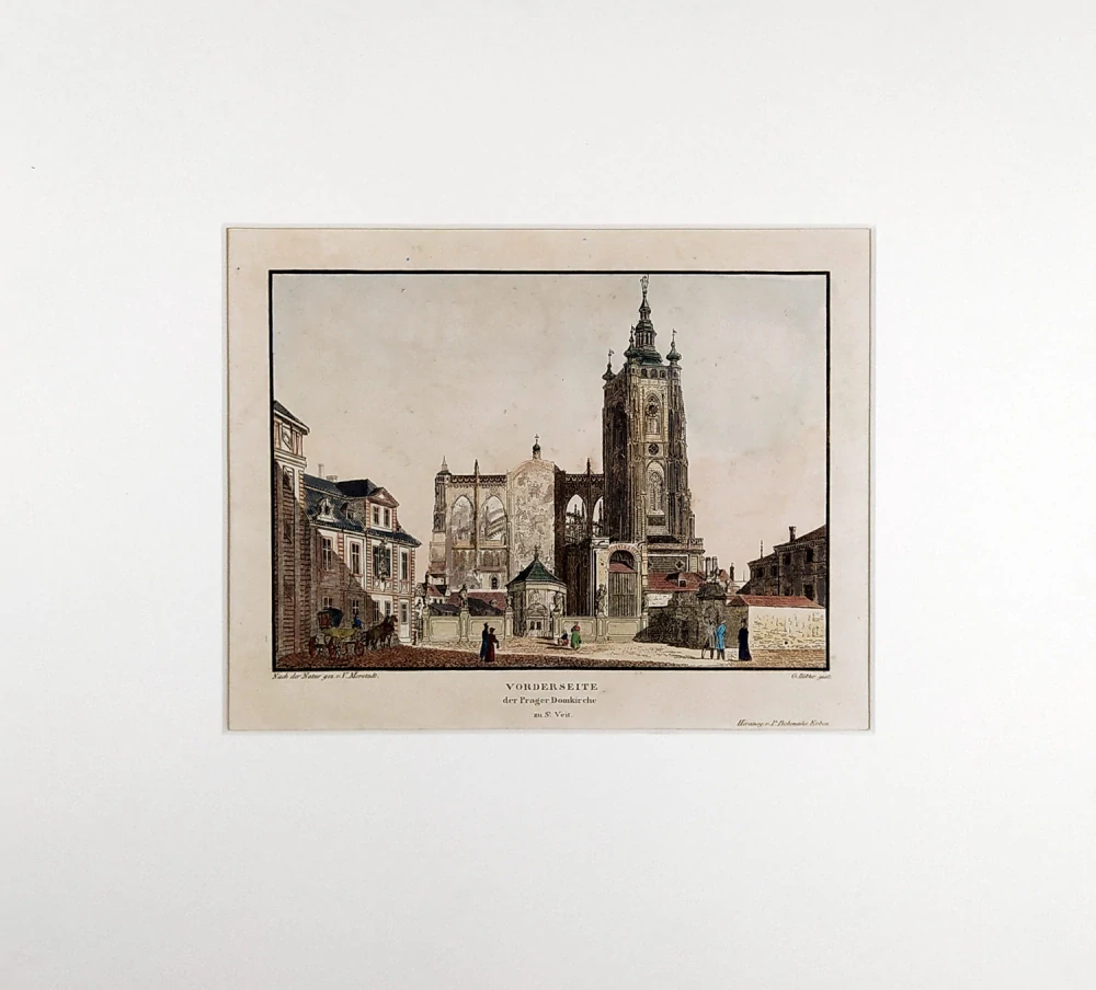 Praha – Průčelí Katedrály sv. Víta, V. Morstadt, G. Döbler, staře kolor. obrysový lept s akvatintou, 1825
