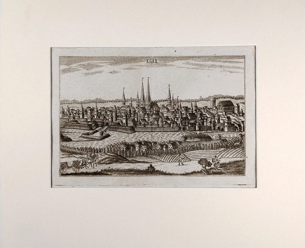 Cheb – pohled na město přes řeku Ohři, původní mědiryt, 1816