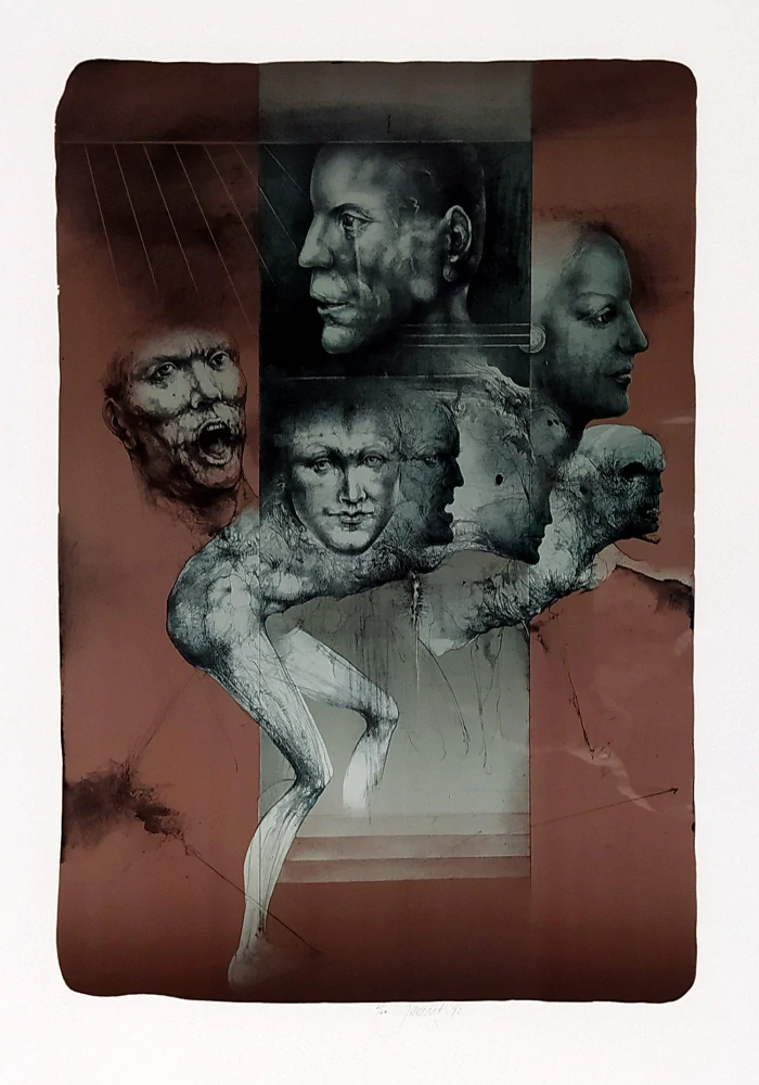 Janíček James – Pozorovatelé, barevná litografie, č. 6/60, 1992