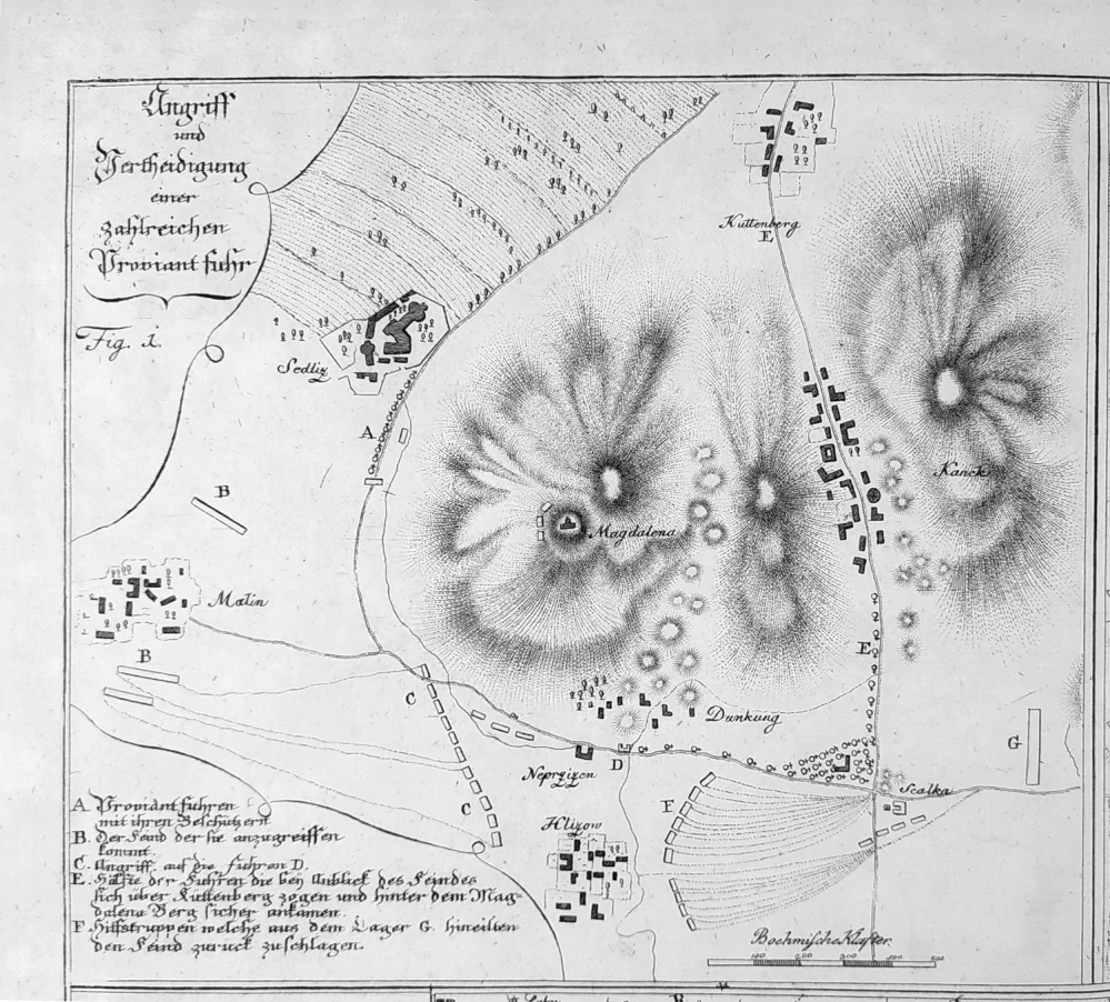 Kutná Hora, Sedlec, Malín, Kaňk – Válka o dědictví bavorské, J. Adam, původní mědiryt, 1779