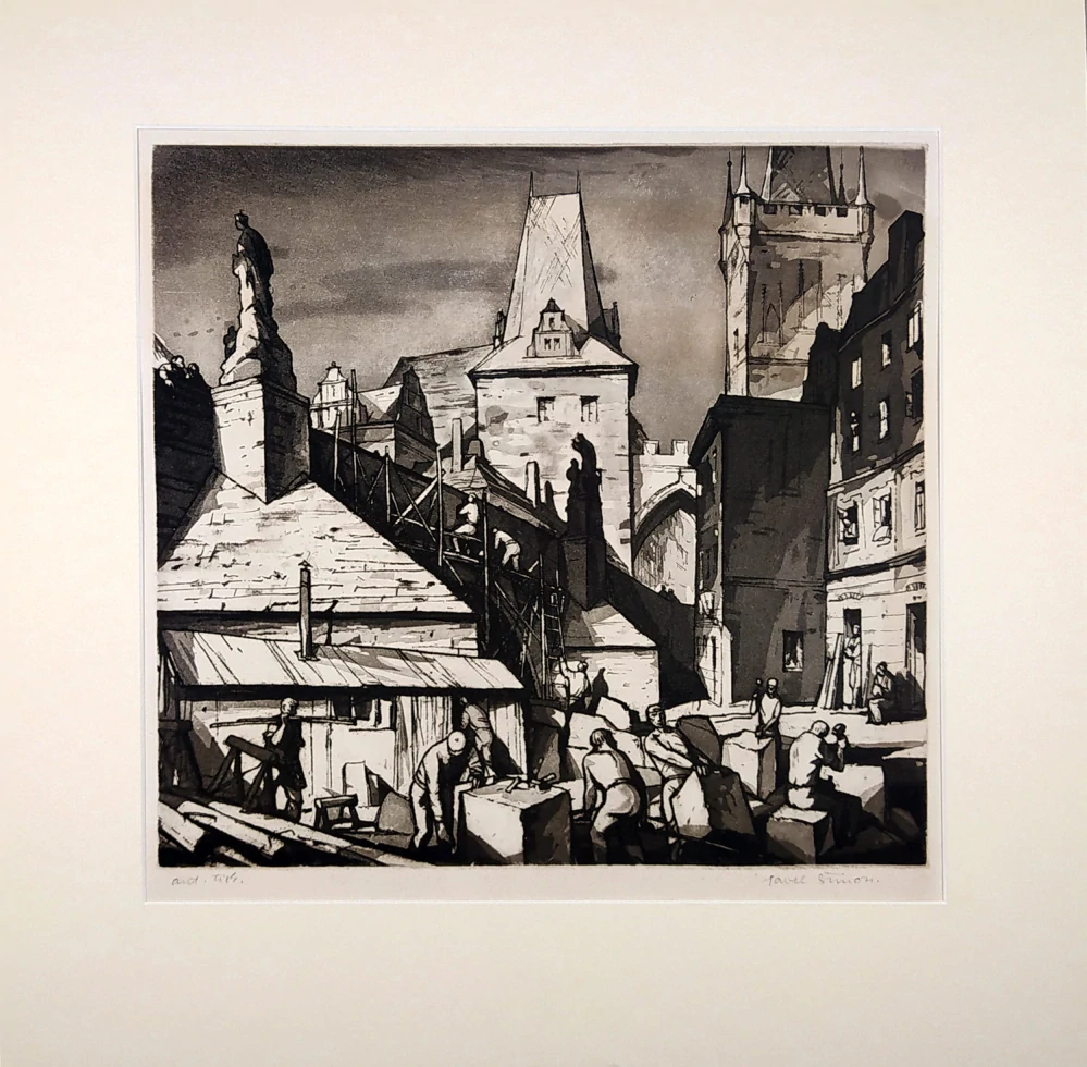 Šimon Pavel – Praha, Práce na Karlově mostě, autorský tisk, původní lept, ca 1947