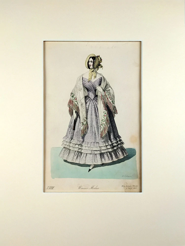 Vídeňská dámská móda – Wiener Moden XXVIII., Fr. X. Stöber, původní kolorovaný oceloryt, 1840