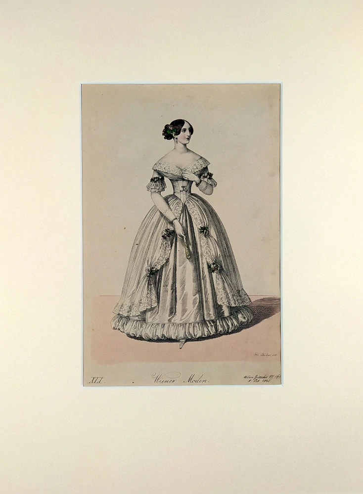 Vídeňská dámská móda – Wiener Moden XLI., Fr. X. Stöber, původní kolorovaný oceloryt, 1840