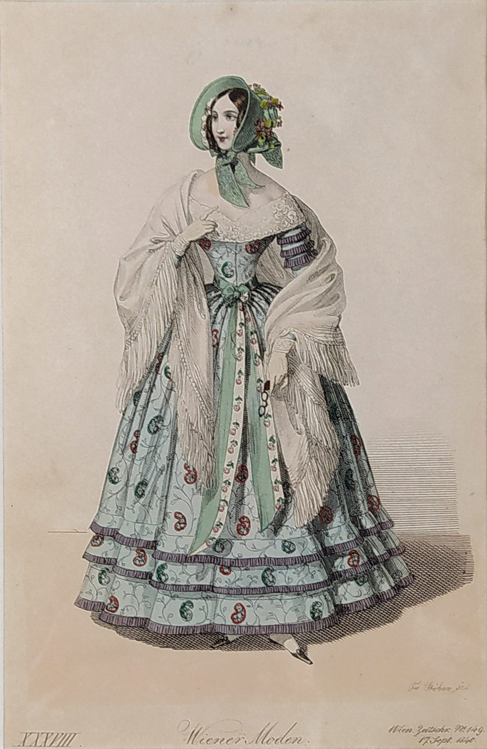 Vídeňská dámská móda – Wiener Moden XXXVIII., Fr. X. Stöber, původní kolorovaný oceloryt, 1840