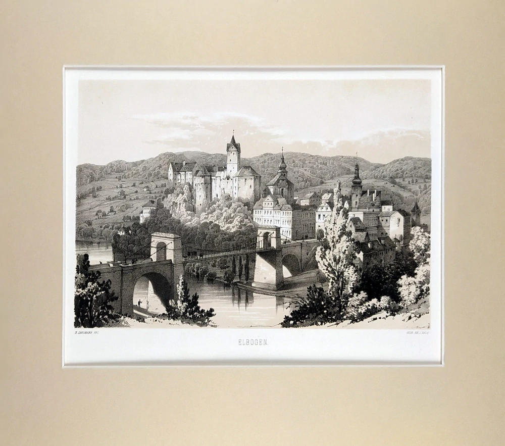 Loket – Fr. X. Sandmann, původní tónovaná litografie s barevným podtiskem, 1850–1856