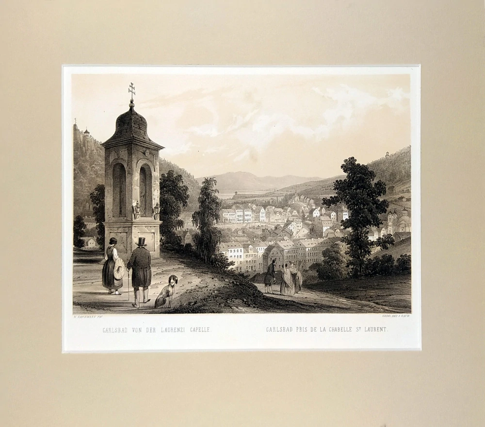 Karlovy Vary – Fr. X. Sandmann, původní tónovaná litografie s barevným podtiskem, 1850–1856