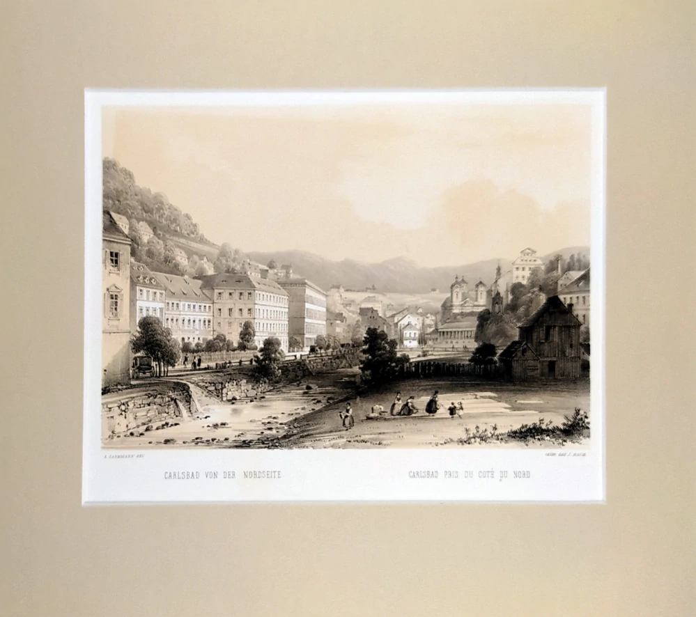 Karlovy Vary – Fr. X. Sandmann, původní tónovaná litografie s bar. podtiskem, 1850–1856